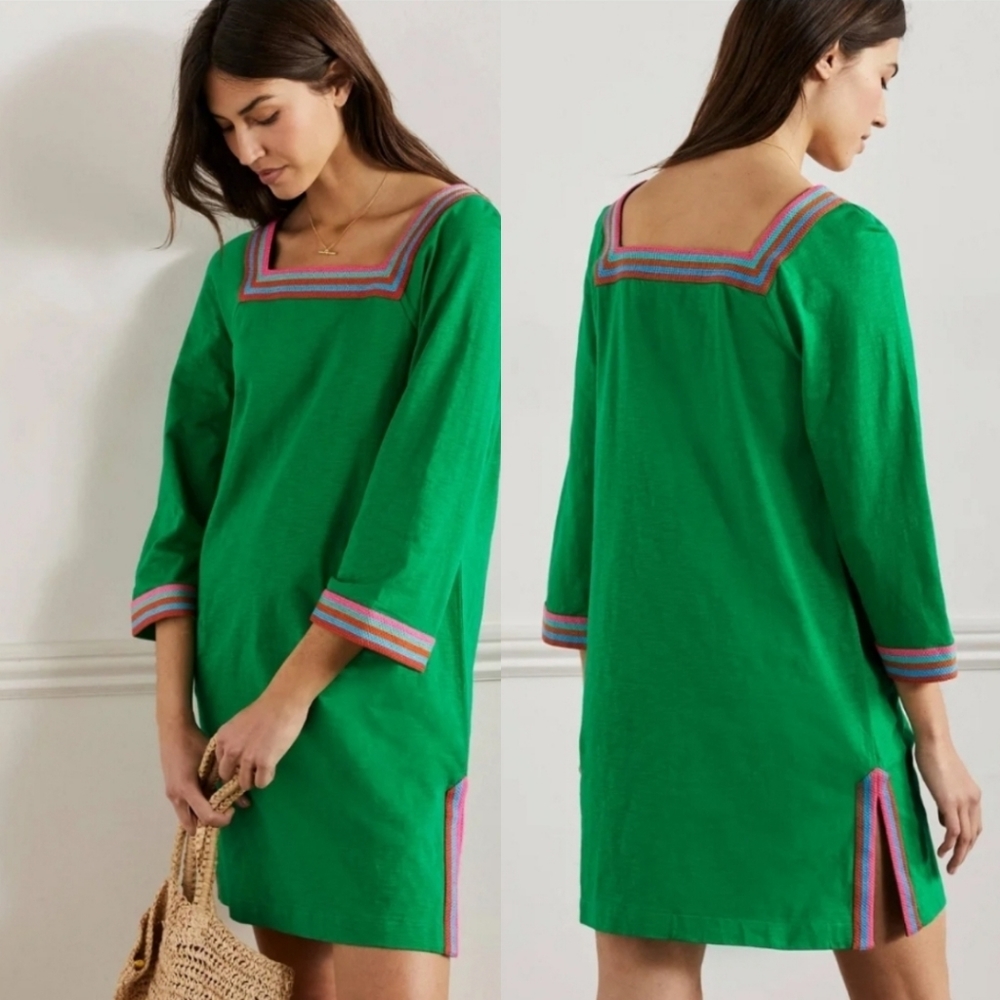 Boden Green Tunic Dress with Pink and Blue Trim